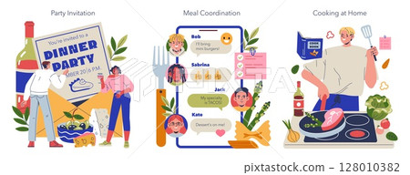 Vector illustration featuring dinner party invitation, meal planning with friends, and cooking action. Highlights event preparation and social interaction themes. 128010382