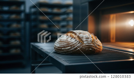 Unbaked rustic sourdough loaf on metal rack ready for baking in industrial bakery oven Unbaked rustic sourdough loaf on metal rack ready for baking in industrial bakery oven 128010383