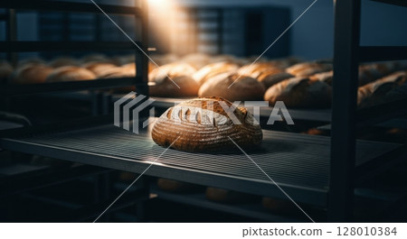 Dramatic close up of a rustic sourdough loaf on a rack in a bakery with warm light. 128010384