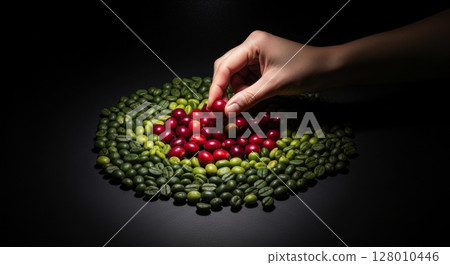 Hand selecting ripe red coffee cherries from green beans on dark background 128010446
