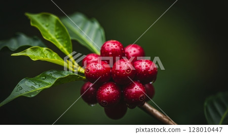 Perfectly ripe red coffee cherries on branch with green leaves and water drops 128010447