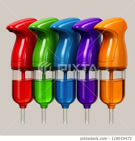 Five sleek colorful liquid dispensers with vibrant red, green, blue, purple, and orange liquids Five sleek colorful liquid dispensers with vibrant red, green, blue, purple, and orange liquids 128010472