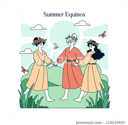 Three women, dressed in festive clothing with flower crowns, hold hands and dance in a circle outdoors during the summer equinox. Vector illustration captures joy and harmony. Three women, dressed in festive clothing with flower crowns, hold hands and dance in a circle outdoors during the summer equinox. Vector illustration captures joy and harmony. 128010485