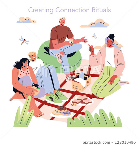 Friends enjoy a casual outdoor picnic, engaging in conversations and sharing snacks, depicting modern social interactions. 128010490