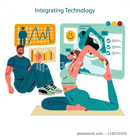 Personal Trainer Concept. A man using technology to guide a woman's yoga session, enhancing fitness with digital tools. 128010505