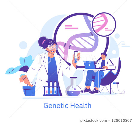 Scientists in a laboratory discuss genetic health research. A vector illustration shows DNA analysis with test tubes, a microscope, and a laptop in a lab environment. Scientists in a laboratory discuss genetic health research. A vector illustration shows DNA analysis with test tubes, a microscope, and a laptop in a lab environment. 128010507