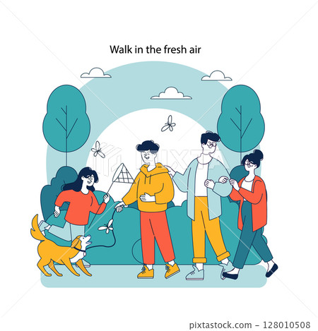 Family enjoying a leisurely walk with their dog in a stylized park setting, depicting contentment and togetherness. Vector illustration. 128010508