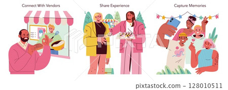 Vector illustration depicting three scenes: connecting with a vendor, sharing experiences with food, and capturing memories with friends. Displays social interaction and enjoyment. 128010511