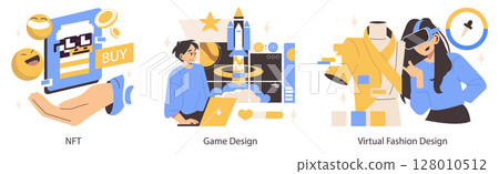 Creative vector illustration depicting an NFT purchase, a person working on a game design with a laptop, and a woman engaged in virtual fashion design using VR technology. Creative vector illustration depicting an NFT purchase, a person working on a game design with a laptop, and a woman engaged in virtual fashion design using VR technology. 128010512