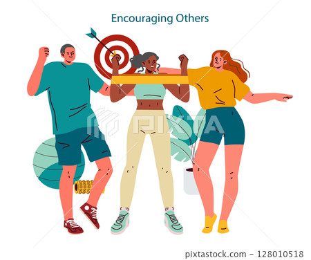 Personal Trainer concept. Group celebrating fitness achievements together with a personal trainer in a gym environment. Focus on motivation, teamwork and healthy lifestyle. Vector illustration. 128010518