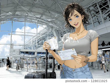 一位女性出國旅行的插畫素材 128011025