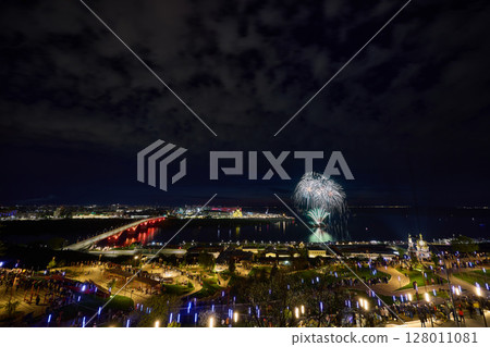 Colorful Fireworks Over Strelka: Kanavinsky Bridge and Alexander Nevsky Cathedral. 9 May 128011081