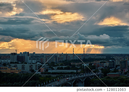 Fantastic Sunset Over Kanavinsky Bridge and Oka River in Nizhny Novgorod Fantastic Sunset Over Kanavinsky Bridge and Oka River in Nizhny Novgorod 128011083