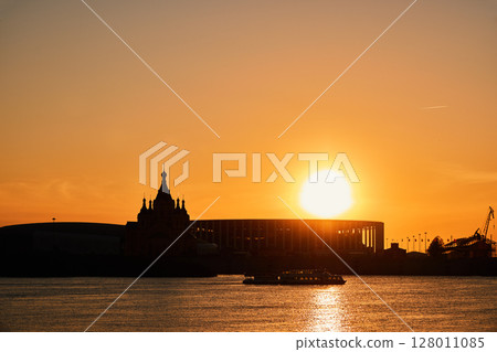 Sunset Silhouette of Alexander Nevsky Cathedral in Nizhny Novgorod 128011085