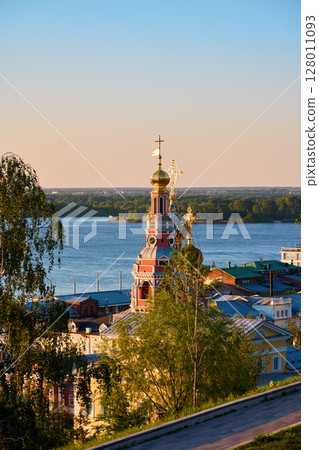 Stroganov Church and Volga River in Nizhny Novgorod 128011093