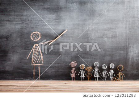 Chalkboard illustration of a stick figure teaching a group of colorful stick figures, representing education and learning concepts in a creative environment 128011298