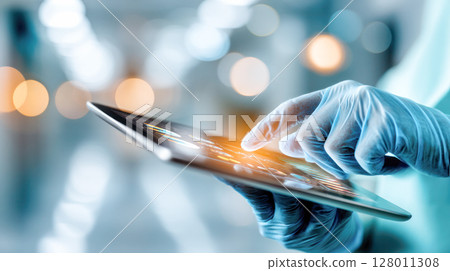 Medical professional in gloves using tablet device, interacting with digital interface in a modern healthcare environment, showcasing technology in action 128011308