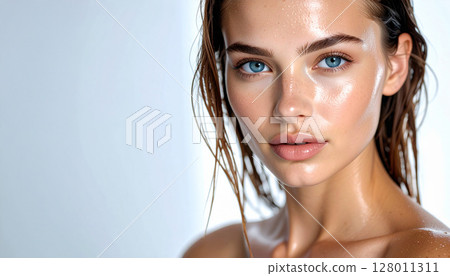 Young woman with wet hair, image for fashion magazine or cosmetic advertising, sharp focus, copy space 128011311