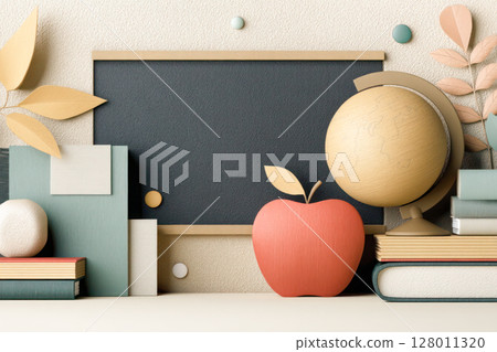 Colorful educational display featuring a globe, apple, books, and decorative elements against a textured background with ample copy space 128011320