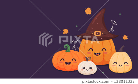 Set of adorable pumpkins with happy faces and witch hat on dark background, Halloween celebration concept Set of adorable pumpkins with happy faces and witch hat on dark background, Halloween celebration concept 128011322