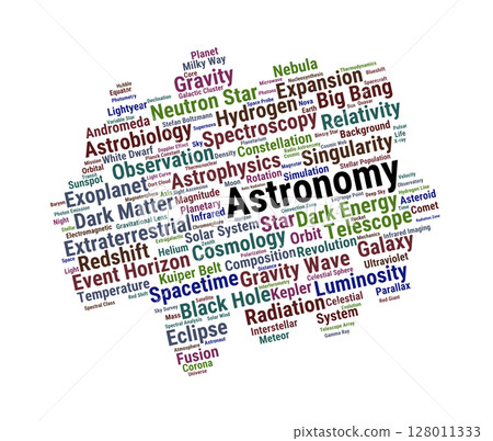 Astronomy Word Cloud. Core Concepts From Cosmic Evolution To Galactic Phenomena 128011333