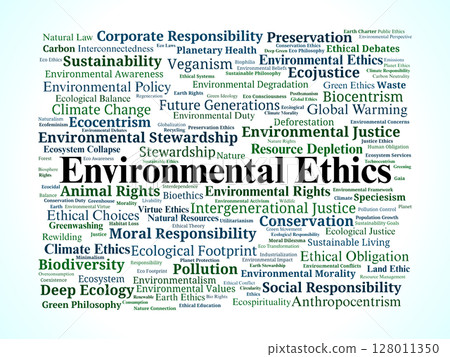 Environmental Ethics Word Cloud. Core Ideas On Nature, Values, Responsibility, Justice 128011350