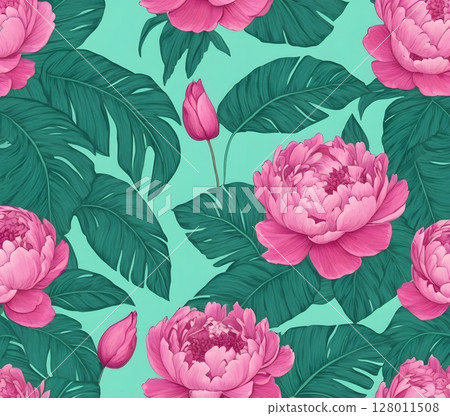 Seamless Pattern with Peonies and Banana Leaves. Perfect for textile design, wrapping paper 128011508