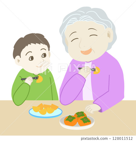 敬老日_祖母和孫子吃柿子 敬老日_祖母和孫子吃柿子 128011512