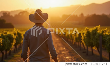 A man wearing a hat walks away in a vineyard at sunset 128011751