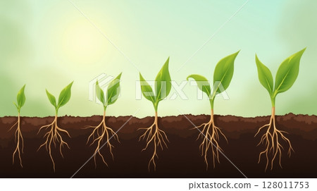 A sequence of seeds sprouting and growing roots and shoots in soil 128011753