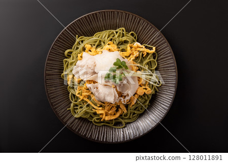 Green tea soba noodles mixed with grated daikon and meat Green tea soba noodles mixed with grated daikon and meat 128011891