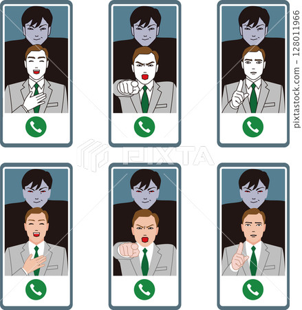 A scam where someone pretends to be a good person using their smartphone to deceive people. A man in a suit and the mastermind. A scam where someone pretends to be a good person using their smartphone to deceive people. A man in a suit and the mastermind. 128011966
