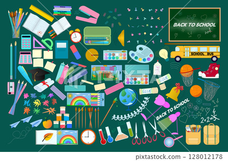 Big colorful flat cartoon vector collection. Set of back to school supplies, stationery and classroom items illustration on green background. For education visual, and educational theme or decor. Big colorful flat cartoon vector collection. Set of back to school supplies, stationery and classroom items illustration on green background. For education visual, and educational theme or decor. 128012178