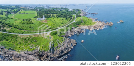 Aerial shot of the beautiful Tanesashi Coast in early summer in Aomori Prefecture 128012205