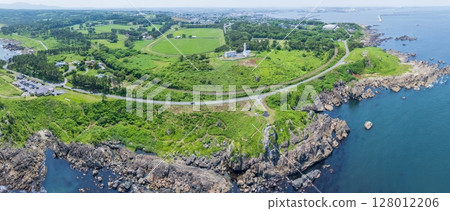 Aerial shot of the beautiful Tanesashi Coast in early summer in Aomori Prefecture 128012206