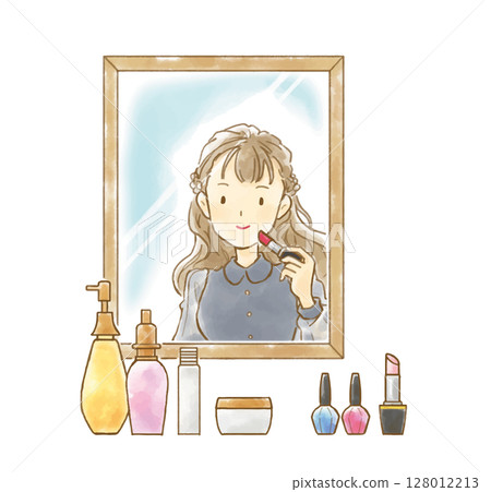 一位女士化妝和使用化妝品的水彩矢量 一位女士化妝和使用化妝品的水彩矢量 128012213