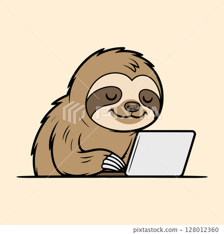 Cute Sloth Working on Laptop Illustration Cute Sloth Working on Laptop Illustration 128012360