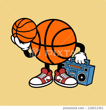 Cool Cartoon Basketball Character with Boombox and Sneakers	 128012361