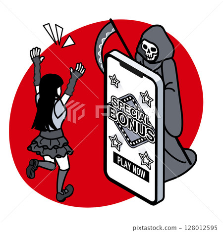 線上賭場：一位女士在智慧型手機的獎金螢幕上高興，而死神盯著她 128012595