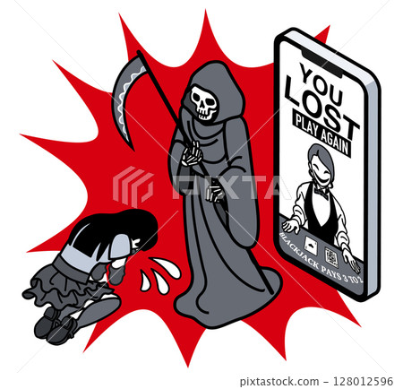 線上賭場:一名女子低頭看著智慧型手機上的虧損螢幕,而死神盯著她 線上賭場:一名女子低頭看著智慧型手機上的虧損螢幕,而死神盯著她 128012596