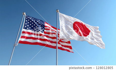 American and Japanese flags waving together against clear blue sky, symbolizing international friendship 128012805