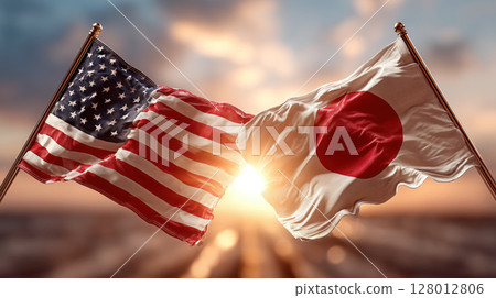 American and Japanese flags waving together against sunset sky, symbolizing unity and international relations 128012806