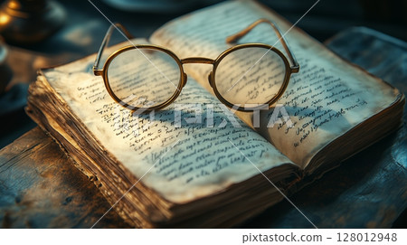 A pair of vintage gold-rimmed spectacles resting on a weathered open journal. 128012948