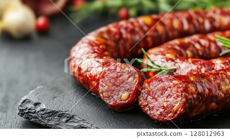 Homemade sausage surrounded by green on black board.  128012963