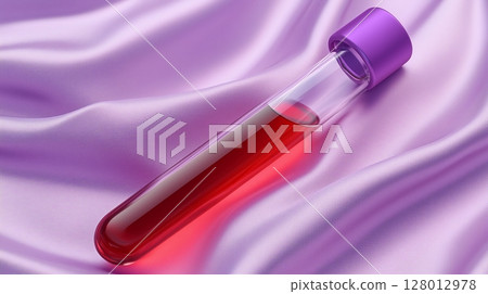 A test tube with red liquid and a purple cap hovering on a light purple satin fabric background. A test tube with red liquid and a purple cap hovering on a light purple satin fabric background. 128012978