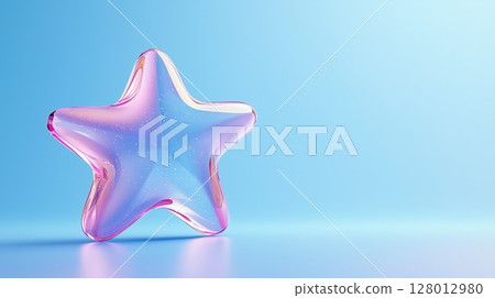 A transparent glass stars floating in the air, on a light blue background.  128012980