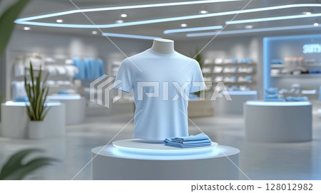A t-shirt with mannequin placed on podium, isolated store background. A t-shirt with mannequin placed on podium, isolated store background. 128012982