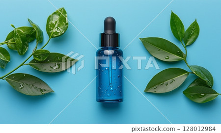 A blue skincare product, surrounded by water droplets, set against an elegant light blue background A blue skincare product, surrounded by water droplets, set against an elegant light blue background 128012984