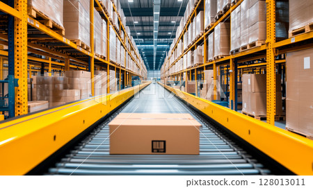 Warehouse filled with conveyor belts transporting goods for processing. 128013011