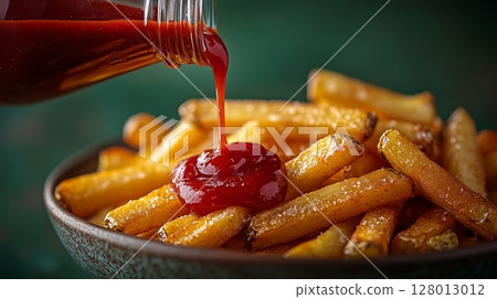 Crispy golden French fries with rich red ketchup drizzles from a glass bottle. Crispy golden French fries with rich red ketchup drizzles from a glass bottle. 128013012